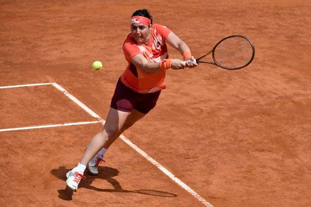 Ons Jabeur of Tunisia during her match against Paula Badosa of Spain at the Internazionali BNL d Italia tennis tournament at Foro Italico in Rome, Italy on May 11th, 2023. antoniettaxbaldassarre