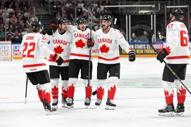 RIGA, LATVIA MAY 12 Scott Laughton of Canada celebrate after scoring a goal during the 2023 IIHF Ice Hockey World Championship Finland Latvia game between Latvia and Canada at Arena Riga on May 12, 2023 in Riga, Latvia Riga Arena Riga Latvia  Copyright: xJustPictures.ch AndreaxBrancax