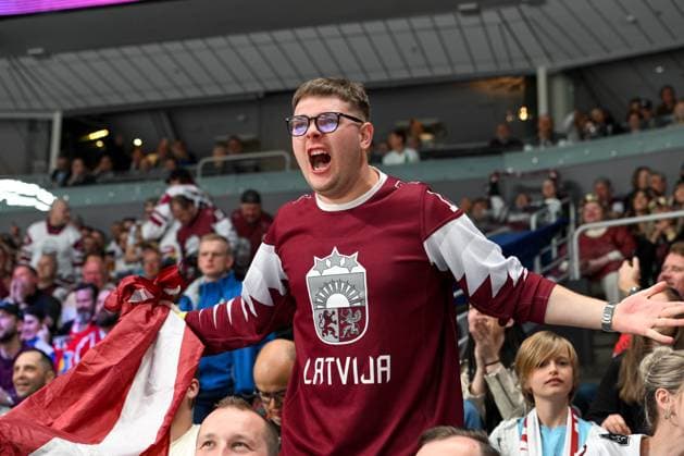 RIGA, LATVIA MAY 12 A latvian fans cheers for his team during the 2023 IIHF Ice Hockey World Championship Finland Latvia game between Latvia and Canada at Arena Riga on May 12, 2023 in Riga, Latvia Riga Arena Riga Latvia  Copyright: xJustPictures.ch AndreaxBrancax