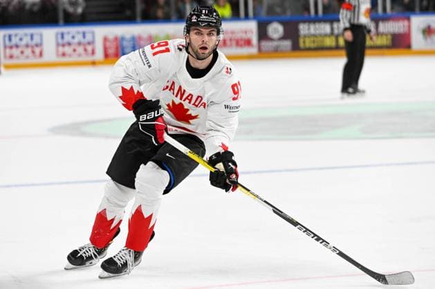 RIGA, LATVIA MAY 12 Adam Fantilli of Canada follows the play during the 2023 IIHF Ice Hockey World Championship Finland Latvia game between Latvia and Canada at Arena Riga on May 12, 2023 in Riga, Latvia Riga Arena Riga Latvia  Copyright: xJustPictures.ch AndreaxBrancax