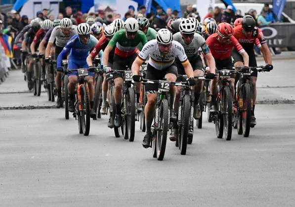 Bilder des Jahres 2023, Sport 05 Mai Sport Themen der Woche KW19 Sport Bilder des Tages Luca Schwarzbauer from Germany (12) competes in the Men ELITE cross-country short track race within the UCI Mountain Bike World Cup, on May 12, 2023, in Nove Mesto na Morave, Czech Republic. (CTKxPhoto LubosxPavlicek) CTKPhotoP2023051208685  CTKPhotoP2023051208685
