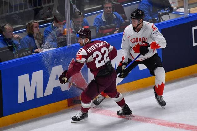 LATVIA, RIGA - 12.05.23: MYERS Tyler, ANDERSONS Toms, Game Latvia - Canada. IIHF 2023 Ice hockey, Eishockey World Championship, WM, Weltmeisterschaft  Copyright: xVITALIIxKLIUIEVx