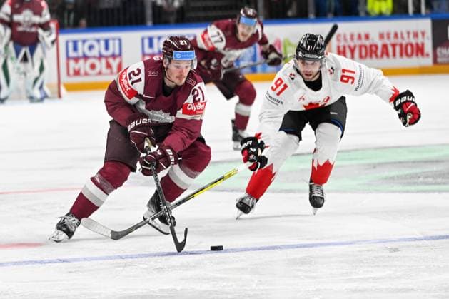 RIGA, LATVIA MAY 12 Rudolfs Balcers of Latvia skates into the offensive zone during the 2023 IIHF Ice Hockey World Championship Finland Latvia game between Latvia and Canada at Arena Riga on May 12, 2023 in Riga, Latvia Riga Arena Riga Latvia  Copyright: xJustPictures.ch AndreaxBrancax