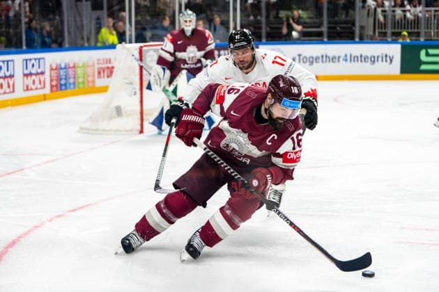 RIGA, LATVIA MAY 12 Kaspars Daugavins of Latvia in action during the 2023 IIHF Ice Hockey World Championship Finland Latvia game between Latvia and Canada at Arena Riga on May 12, 2023 in Riga, Latvia Riga Arena Riga Latvia  Copyright: xJustPictures.ch JarixPestelaccix