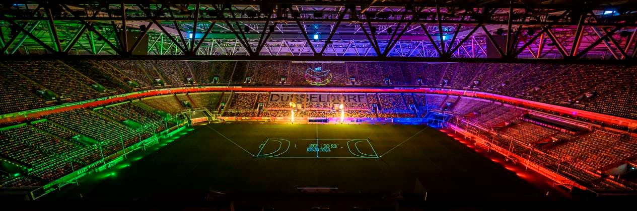Duesseldorf, Germany 10 May 2023 EHF EM 2024 draw overview Merkur Spiel Arena with light show, Düsseldorf lettering and handball court projection Düsseldorf Merkur Spiel Arena North Rhine Westphalia Germany