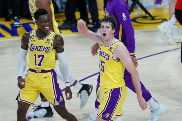 May 12, 2023, Los Angeles, California, USA: Los Angeles Lakers guards Austin Reaves (15) celebrates his 3-pointer with guard Dennis Schroder (17) gainst the Golden State Warriors during an NBA, Basketball Herren, USA basketball Western Conference semifinal game 6 at Crypto.com Arena, Friday, May 12, 2023, in Los Angeles. Los Angeles USA - ZUMAc68_ 20230512_zaf_c68_051 Copyright: xRingoxChiux