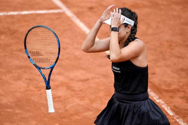 Camila Osorio of Colombia reacts after winning her match during her match against Caroline Garcia of France at the Internazionali BNL d Italia tennis tournament at Foro Italico in Rome, Italy on May 13th, 2023. antoniettaxbaldassarre