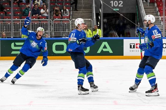 RIGA, LATVIA MAY 14 Jan Drozg of Slovenia celebrate after scoring a goal during the 2023 IIHF Ice Hockey World Championship Finland Latvia game between Slovenia and Canada at Arena Riga on May 14, 2023 in Riga, Latvia Riga Arena Riga Latvia  Copyright: xJustPictures.ch AndreaxBrancax