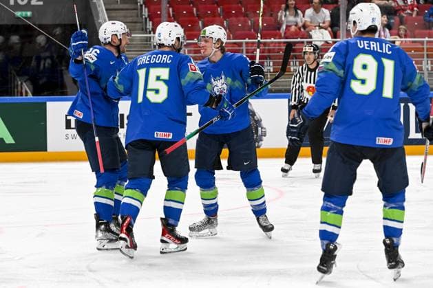 RIGA, LATVIA MAY 14 Jan Drozg of Slovenia celebrate after scoring a goal during the 2023 IIHF Ice Hockey World Championship Finland Latvia game between Slovenia and Canada at Arena Riga on May 14, 2023 in Riga, Latvia Riga Arena Riga Latvia  Copyright: xJustPictures.ch AndreaxBrancax