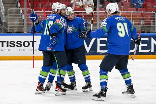 RIGA, LATVIA MAY 14 Jan Drozg of Slovenia celebrate after scoring a goal during the 2023 IIHF Ice Hockey World Championship Finland Latvia game between Slovenia and Canada at Arena Riga on May 14, 2023 in Riga, Latvia Riga Arena Riga Latvia  Copyright: xJustPictures.ch AndreaxBrancax