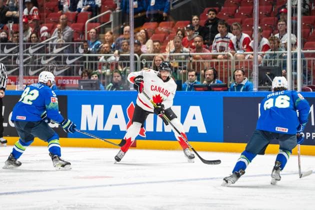 RIGA, LATVIA MAY 14 Pierre Olivier Joseph of Canada in action during the 2023 IIHF Ice Hockey World Championship Finland Latvia game between Slovenia and Canada at Arena Riga on May 14, 2023 in Riga, Latvia Riga Arena Riga Latvia  Copyright: xJustPictures.ch JarixPestelaccix