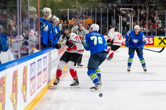 RIGA, LATVIA MAY 14 Kristjan Cepon of Slovenia R against Samuel Blais of Canada L during the 2023 IIHF Ice Hockey World Championship Finland Latvia game between Slovenia and Canada at Arena Riga on May 14, 2023 in Riga, Latvia Riga Arena Riga Latvia  Copyright: xJustPictures.ch JarixPestelaccix