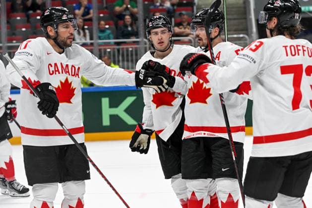 RIGA, LATVIA MAY 14 Milan Lucic of Canada celebrate after scoring a goal during the 2023 IIHF Ice Hockey World Championship Finland Latvia game between Slovenia and Canada at Arena Riga on May 14, 2023 in Riga, Latvia Riga Arena Riga Latvia  Copyright: xJustPictures.ch AndreaxBrancax