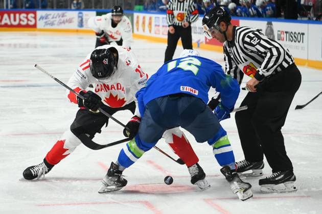 LATVIA, RIGA - 14.05.23: McBAIN Jack, SIMSIC Nik. Game Slovenia vs Canada. IIHF 2023 Ice hockey, Eishockey World Championship, WM, Weltmeisterschaft at Arena Riga  Copyright: xVITALIIxKLIUIEVx