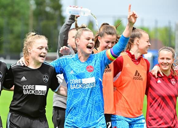 14 05 2023 football women season 2022 2023 2 Bundesliga 24 matchday 1 FC Nürnberg FCN Club 1 FC Köln II Sportfoto Zink MeZi xmexzix regulations prohibit any use of photographs as image sequences and or quasi video Franziska Mai 18, 1 FC Nürnberg FCN Lea Paulick 1, 1 FC Nürnberg FCN Nele Bauereisen 23, 1 FC Nürnberg FCN jubilation joy after end of match