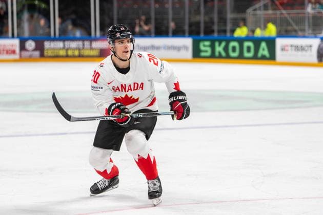 RIGA, LATVIA MAY 14 Justin Barron of Canada in action during the 2023 IIHF Ice Hockey World Championship Finland Latvia game between Slovenia and Canada at Arena Riga on May 14, 2023 in Riga, Latvia Riga Arena Riga Latvia  Copyright: xJustPictures.ch JarixPestelaccix