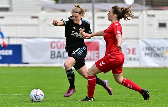 14 05 2023 Football Women Women Season 2022 2023 2 Bundesliga 24 Matchday 1 FC Nürnberg FCN Club 1 FC Köln II Sportfoto Zink MeZi xmexzix regulations prohibit any use of photographs as image sequences and or quasi video Livia Brunmair 17, 1 FC Nürnberg FCN, left Leonie Krump 6, 1 FC Köln II