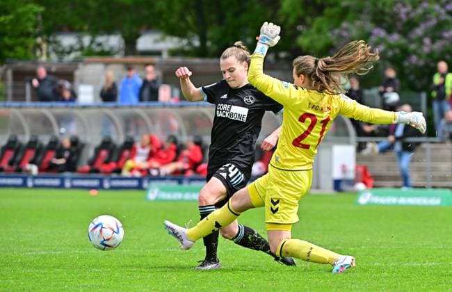 14 05 2023 Football Women Women Season 2022 2023 2 Bundesliga 24 Matchday 1 FC Nürnberg FCN Club 1 FC Köln II Sportfoto Zink MeZi xmexzix regulations prohibit any use of photographs as image sequences and or quasi video Nastassja Lein 24, 1 FC Nürnberg FCN, left Alma Demiri 21, 1 FC Köln II