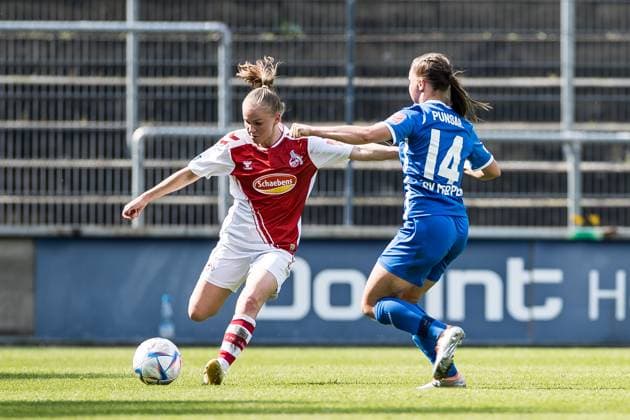 FLYERALARM Womens Football Bundesliga, 1 FC Koeln SV Meppen 1912 e V Laura Donhauser 1 FC Koeln, 25 , Milla Punsar SV Meppen 1912 e V , 14 FLYERALARM Womens Football Bundesliga, 1 FC Koeln SV Meppen 1912 e V , Koeln, Geissbockheim am 14 05 2023 DFB REGULATIONS PROHIBIT ANY USE OF PHOTOGRAPHS AS IMAGE SEQUENCES AND OR QUASI VIDEO Copyright: xBEAUTIFULxSPORTS Wunderlx