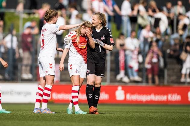 FLYERALARM Womens Football Bundesliga, 1 FC Koeln SV Meppen 1912 e V Defeated Koelner Myrthe Moorrees 1 FC Koeln, 6 , Sarah Puntigam 1 FC Koeln, 17 , Manon Klett 1 FC Koeln, 1 FLYERALARM Womens Bundesliga, 1 FC Koeln SV Meppen 1912 e V , Koeln, Geissbockheim on 14 05 2023 DFB REGULATIONS PROHIBIT ANY USE OF PHOTOGRAPHS AS IMAGE SEQUENCES AND OR QUASI VIDEO Copyright: xBEAUTIFULxSPORTS Wunderlx