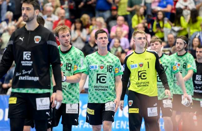 v l Marko KOPLJAR B , Mathias GIDSEL B , Hans LINDBERG B , Goalkeeper Lasse LUDWIG B , Nils LICHTLEIN B disappointed after the match, Handball 1 Bundesliga, 30 Matchday, Bergischer HC BHC Fuechse Berlin B , on 14 05 2023 in Duesseldorf Germany ÃÂ