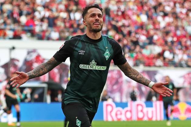 14.05.2023, xtgx, Fussball 1.Bundesliga, RB Leipzig - SV Werder Bremen emspor, v.l. Torjubel nach dem Tor zum celebrating the goal celebrate 0:1 durch Leonardo Bittencourt (SV Werder Bremen) (DFL DFB REGULATIONS PROHIBIT ANY USE OF PHOTOGRAPHS as IMAGE SEQUENCES and or QUASI-VIDEO) Leipzig *** 14 05 2023, xtgx, football 1 Bundesliga, RB Leipzig SV Werder Bremen emspor, v l goal cheer after celebrating the goal celebrate 0 1 by Leonardo Bittencourt SV Werder Bremen DFL DFB REGULATIONS PROHIBIT ANY USE OF PHOTOGRAPHS as IMAGE SEQUENCES and or QUASI VIDEO Leipzig