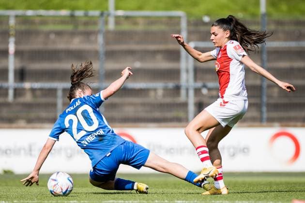 FLYERALARM Womens Football Bundesliga, 1 FC Koeln SV Meppen 1912 e V Julia Pollak SV Meppen 1912 e V , 20 , Manjou Wilde 1 FC Koeln, 7 FLYERALARM Womens Football Bundesliga, 1 FC Koeln SV Meppen 1912 e V , Koeln, Geissbockheim am 14 05 2023 DFB REGULATIONS PROHIBIT ANY USE OF PHOTOGRAPHS AS IMAGE SEQUENCES AND OR QUASI VIDEO Copyright: xBEAUTIFULxSPORTS Wunderlx