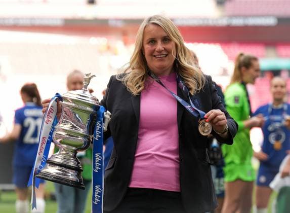 Chelsea Women manager Emma Hayes winning the winning trophy and winners medal during the Women s FA Cup Final match between Chelsea Women and Manchester United, ManU Women at Wembley Stadium, London, England on 14 May 2023. Copyright: xAndyxRowlandx PMI-5553-0003