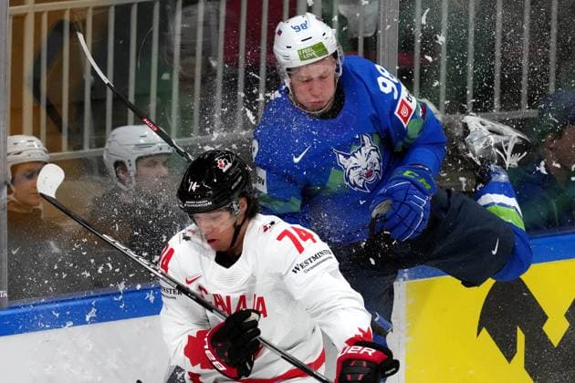 (230515) -- RIGA, May 15, 2023 -- Canada s defenseman Ethan Bear (L) vies with Slovenia s forward Blaz Tomazevic during the Group B match between Slovenia and Canada at the 2023 IIHF Ice hockey, Eishockey World Championship, WM, Weltmeisterschaft in Riga, Latvia, May 14, 2023. (Photo by Xinhua) (SP)LATVIA-RIGA-2023 IIHF ICE HOCKEY WORLD CHAMPIONSHIP-CANADA VS SLOVENIA EdijsxPalens 
