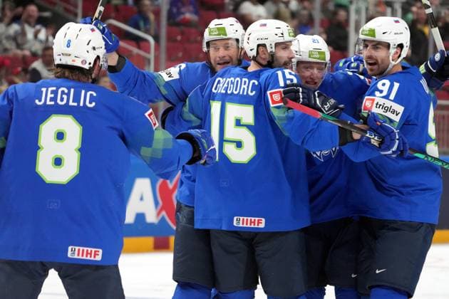 (230515) -- RIGA, May 15, 2023 -- Slovenia s players celebrate after scoring during the Group B match between Slovenia and Canada at the 2023 IIHF Ice hockey, Eishockey World Championship, WM, Weltmeisterschaft in Riga, Latvia, May 14, 2023. (Photo by Xinhua) (SP)LATVIA-RIGA-2023 IIHF ICE HOCKEY WORLD CHAMPIONSHIP-CANADA VS SLOVENIA EdijsxPalens 