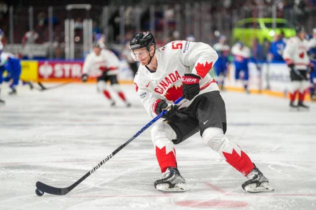 RIGA, LATVIA MAY 15 Tyler Myers of Canada in action during the 2023 IIHF Ice Hockey World Championship Finland Latvia game between Slovakia and Canada at Arena Riga on May 15, 2023 in Riga, Latvia Riga Arena Riga Latvia  Copyright: xJustPictures.ch JarixPestelaccix