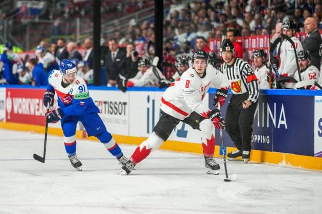 RIGA, LATVIA MAY 15 Cody Glass of Canada R in action followed by Matus Sukel of Slovakia L during the 2023 IIHF Ice Hockey World Championship Finland Latvia game between Slovakia and Canada at Arena Riga on May 15, 2023 in Riga, Latvia Riga Arena Riga Latvia  Copyright: xJustPictures.ch JarixPestelaccix