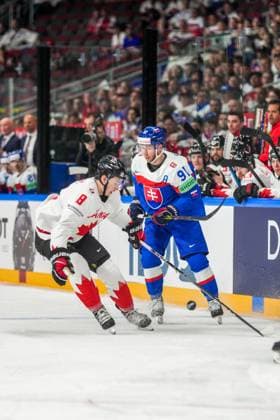 RIGA, LATVIA MAY 15 Cody Glass of Canada L against Matus Sukel of Slovakia R during the 2023 IIHF Ice Hockey World Championship Finland Latvia game between Slovakia and Canada at Arena Riga on May 15, 2023 in Riga, Latvia Riga Arena Riga Latvia  Copyright: xJustPictures.ch JarixPestelaccix