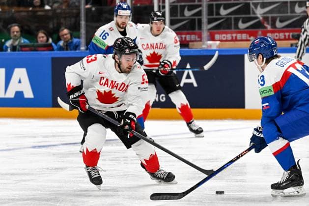 RIGA, LATVIA MAY 15 Michael Carcone of Canada in action during the 2023 IIHF Ice Hockey World Championship Finland Latvia game between Slovakia and Canada at Arena Riga on May 15, 2023 in Riga, Latvia Riga Arena Riga Latvia  Copyright: xJustPictures.ch AndreaxBrancax
