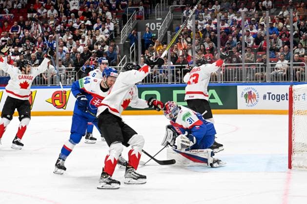 RIGA, LATVIA MAY 15 Jake Neighbours of Canada celebrate after scoring a goal during the 2023 IIHF Ice Hockey World Championship Finland Latvia game between Slovakia and Canada at Arena Riga on May 15, 2023 in Riga, Latvia Riga Arena Riga Latvia  Copyright: xJustPictures.ch AndreaxBrancax