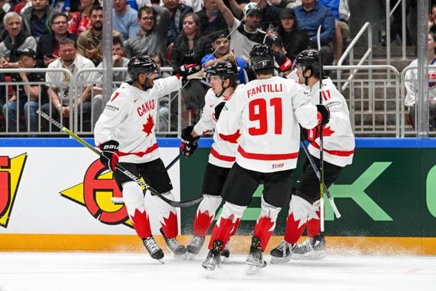RIGA, LATVIA MAY 15 Jake Neighbours of Canada celebrate after scoring a goal during the 2023 IIHF Ice Hockey World Championship Finland Latvia game between Slovakia and Canada at Arena Riga on May 15, 2023 in Riga, Latvia Riga Arena Riga Latvia  Copyright: xJustPictures.ch AndreaxBrancax