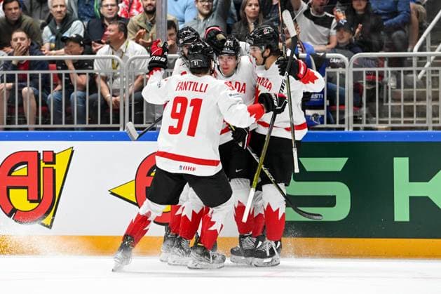 RIGA, LATVIA MAY 15 Jake Neighbours of Canada celebrate after scoring a goal during the 2023 IIHF Ice Hockey World Championship Finland Latvia game between Slovakia and Canada at Arena Riga on May 15, 2023 in Riga, Latvia Riga Arena Riga Latvia  Copyright: xJustPictures.ch AndreaxBrancax