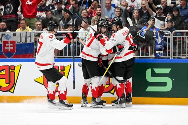 RIGA, LATVIA MAY 15 Jake Neighbours of Canada celebrate after scoring a goal during the 2023 IIHF Ice Hockey World Championship Finland Latvia game between Slovakia and Canada at Arena Riga on May 15, 2023 in Riga, Latvia Riga Arena Riga Latvia  Copyright: xJustPictures.ch AndreaxBrancax