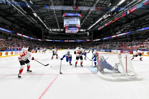 RIGA, LATVIA MAY 15 Tyler Toffoli of Canada passes the puck in the slot during the 2023 IIHF Ice Hockey World Championship Finland Latvia game between Slovakia and Canada at Arena Riga on May 15, 2023 in Riga, Latvia Riga Arena Riga Latvia  Copyright: xJustPictures.ch AndreaxBrancax