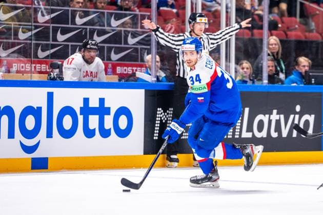 RIGA, LATVIA MAY 15 Peter Cehlarik of Slovakia in action during the 2023 IIHF Ice Hockey World Championship Finland Latvia game between Slovakia and Canada at Arena Riga on May 15, 2023 in Riga, Latvia Riga Arena Riga Latvia  Copyright: xJustPictures.ch JarixPestelaccix