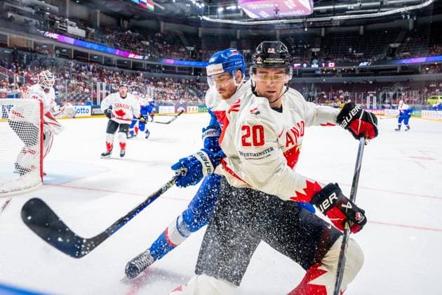 RIGA, LATVIA MAY 15 Justin Barron of Canada R against Peter Cehlarik of Slovakia L during the 2023 IIHF Ice Hockey World Championship Finland Latvia game between Slovakia and Canada at Arena Riga on May 15, 2023 in Riga, Latvia Riga Arena Riga Latvia  Copyright: xJustPictures.ch JarixPestelaccix