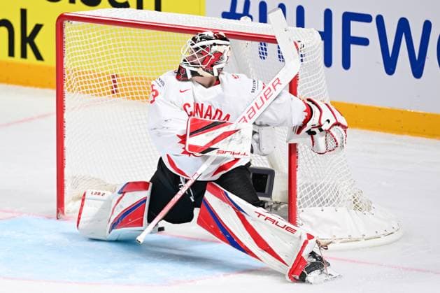 Goalkeeper Samuel Montembeault (CAN) receives a goal during the IIHF Ice hockey, Eishockey World Championship, WM, Weltmeisterschaft Group B match Slovakia vs Canada, on May 15, 2023, in Riga, Latvia. (CTKxPhoto DavidxTanecek) CTKPhotoP2023051505392  CTKPhotoP2023051505392