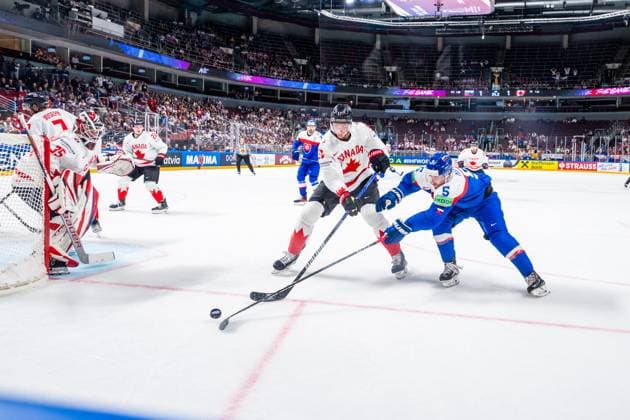 RIGA, LATVIA MAY 15 Tyler Myers of Canada C against Simon Nemec of Slovakia R during the 2023 IIHF Ice Hockey World Championship Finland Latvia game between Slovakia and Canada at Arena Riga on May 15, 2023 in Riga, Latvia Riga Arena Riga Latvia  Copyright: xJustPictures.ch JarixPestelaccix