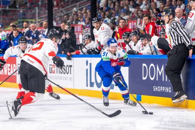 RIGA, LATVIA MAY 15 Matus Sukel of Slovakia R in action during the 2023 IIHF Ice Hockey World Championship Finland Latvia game between Slovakia and Canada at Arena Riga on May 15, 2023 in Riga, Latvia Riga Arena Riga Latvia  Copyright: xJustPictures.ch JarixPestelaccix