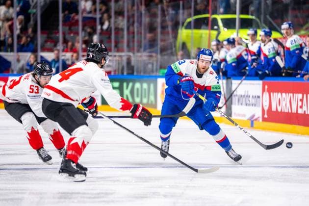 RIGA, LATVIA MAY 15 Adam Janosik of Slovakia R in action during the 2023 IIHF Ice Hockey World Championship Finland Latvia game between Slovakia and Canada at Arena Riga on May 15, 2023 in Riga, Latvia Riga Arena Riga Latvia  Copyright: xJustPictures.ch JarixPestelaccix