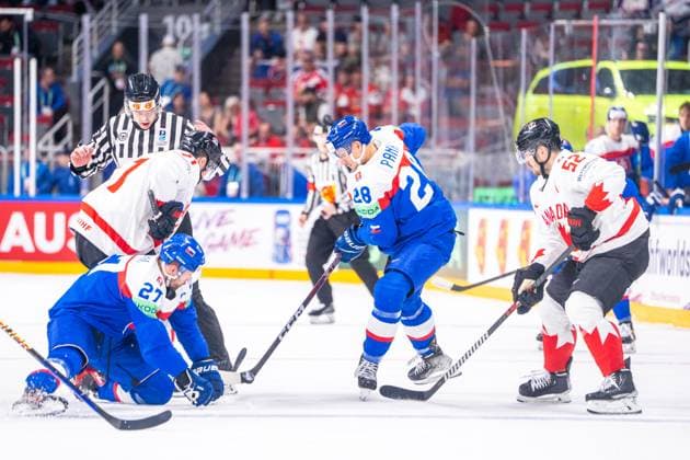 RIGA, LATVIA MAY 15 Richard Panik of Slovakia C taking the puck at the face off during the 2023 IIHF Ice Hockey World Championship Finland Latvia game between Slovakia and Canada at Arena Riga on May 15, 2023 in Riga, Latvia Riga Arena Riga Latvia  Copyright: xJustPictures.ch JarixPestelaccix