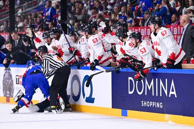 L-R Libor Hudacek (SVK; blue) and MacKenzie Weegar (CAN) in action during the IIHF Ice hockey, Eishockey World Championship, WM, Weltmeisterschaft Group B match Slovakia vs Canada, on May 15, 2023, in Riga, Latvia. (CTKxPhoto DavidxTanecek) CTKPhotoP2023051505995  CTKPhotoP2023051505995