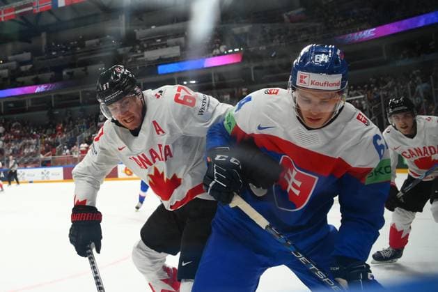 LATVIA, RIGA - 15.05.23: KOCH Patrik, CROUSE Lawson. Game Slovakia vs Canada. IIHF 2023 Ice hockey, Eishockey World Championship, WM, Weltmeisterschaft at Arena Riga  Copyright: xVITALIIxKLIUIEVx