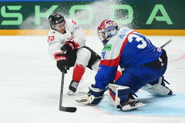 Sport Bilder des Tages LATVIA, RIGA - 15.05.23: QUINN Jack, HLAVAJ Samuel. Game Slovakia vs Canada. IIHF 2023 Ice hockey, Eishockey World Championship, WM, Weltmeisterschaft at Arena Riga  Copyright: xVITALIIxKLIUIEVx