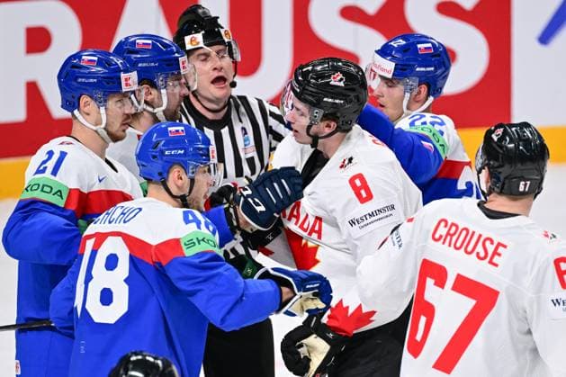 L-R Milos Kelemen (SVK), Mario Grman (SVK), Viliam Cacho (SVK), Cody Glass (CAN) and Samuel Knazko (SVK) in skirmish during the IIHF Ice hockey, Eishockey World Championship, WM, Weltmeisterschaft Group B match Slovakia vs Canada, on May 15, 2023, in Riga, Latvia. (CTKxPhoto DavidxTanecek) CTKPhotoP2023051506718  CTKPhotoP2023051506718